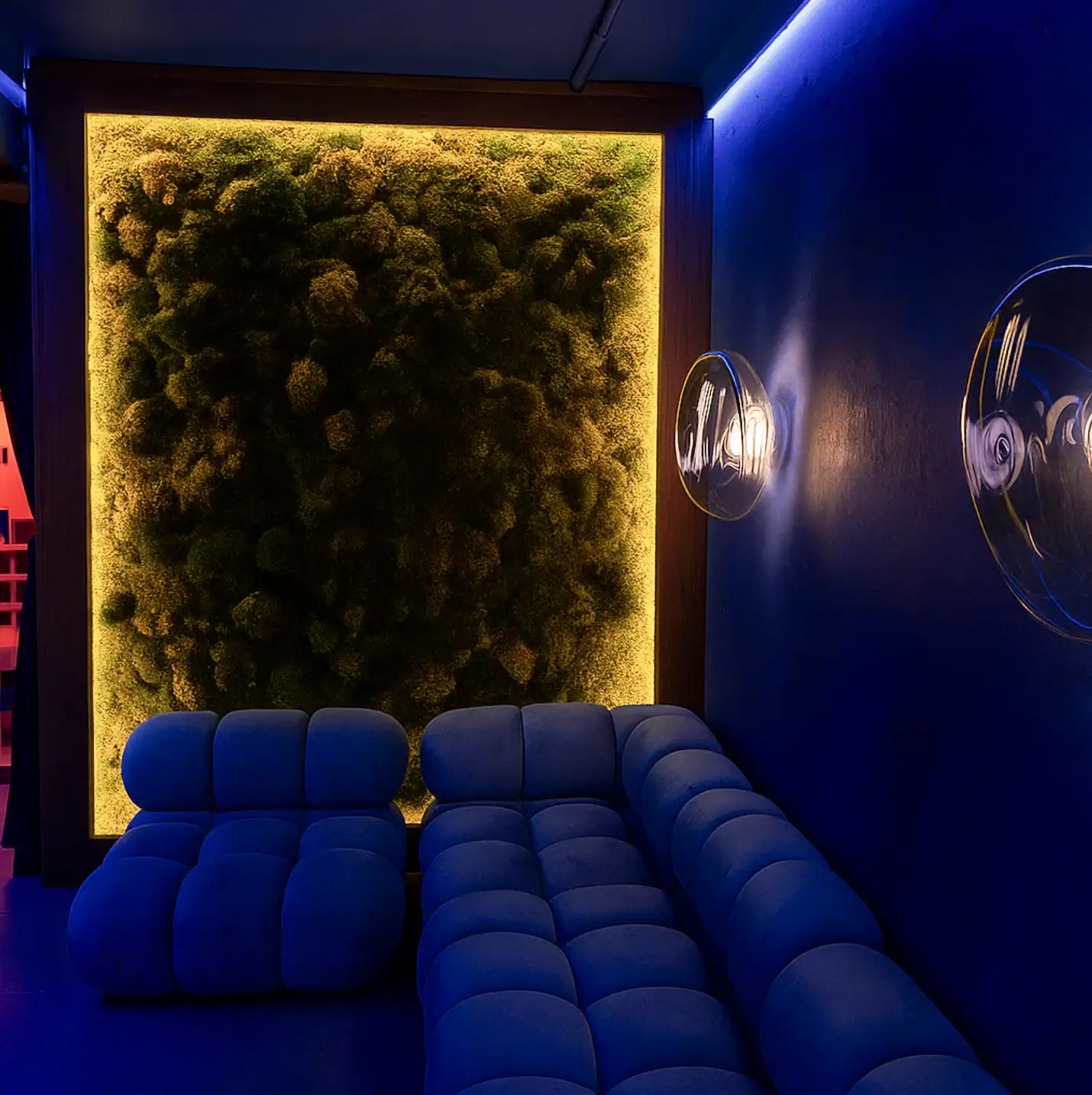 Lush moss wall with ambient lighting creates a calming, nature-inspired atmosphere.