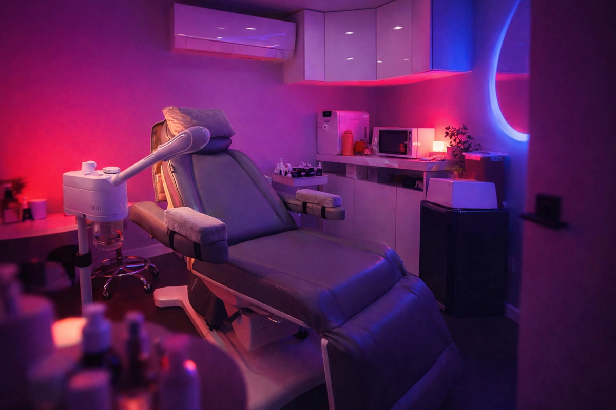 A modern spa treatment room with a reclining chair, beauty equipment, and cabinets, illuminated by soft pink and purple ambient lighting, creating a relaxing atmosphere. at Forbidden Well in Union Square NYC