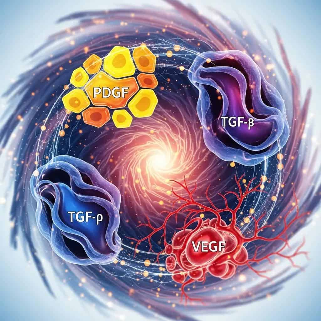 Artistic representation of growth factors in PRP therapy, illustrating their role in collagen and elastin production