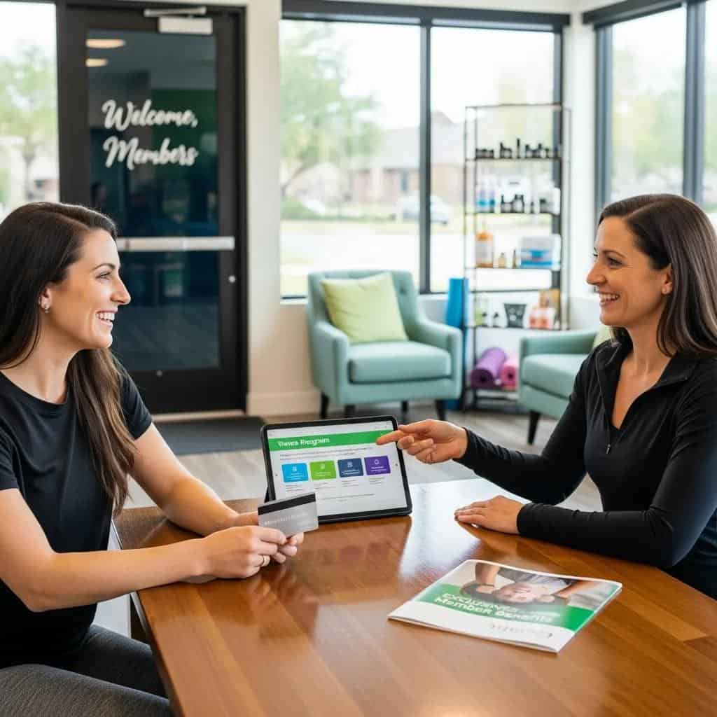 Client discussing wellness membership benefits with a consultant in a luxury IV therapy studio