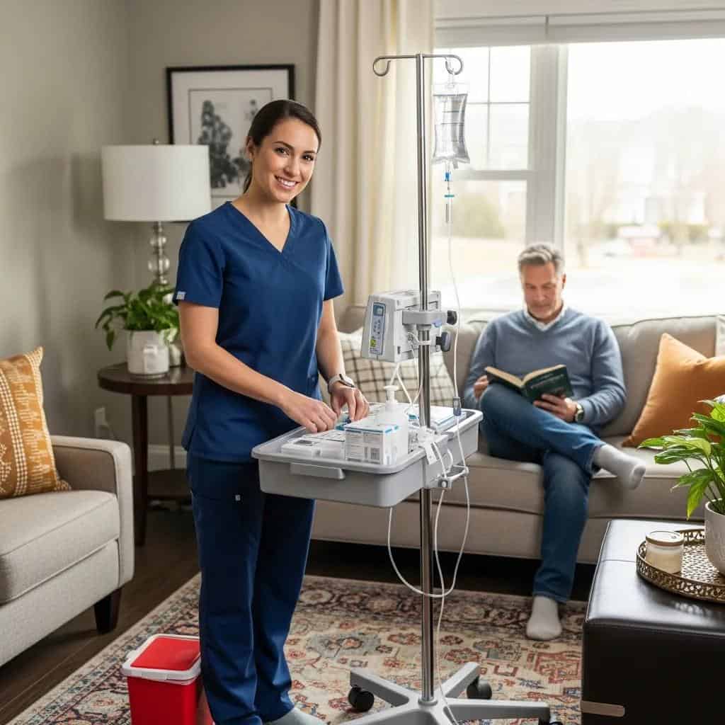 Clinician providing concierge IV therapy in a client's home, showcasing convenience and privacy