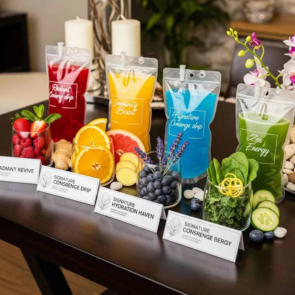 Display of signature concierge IV drip bags and fresh ingredients for wellness