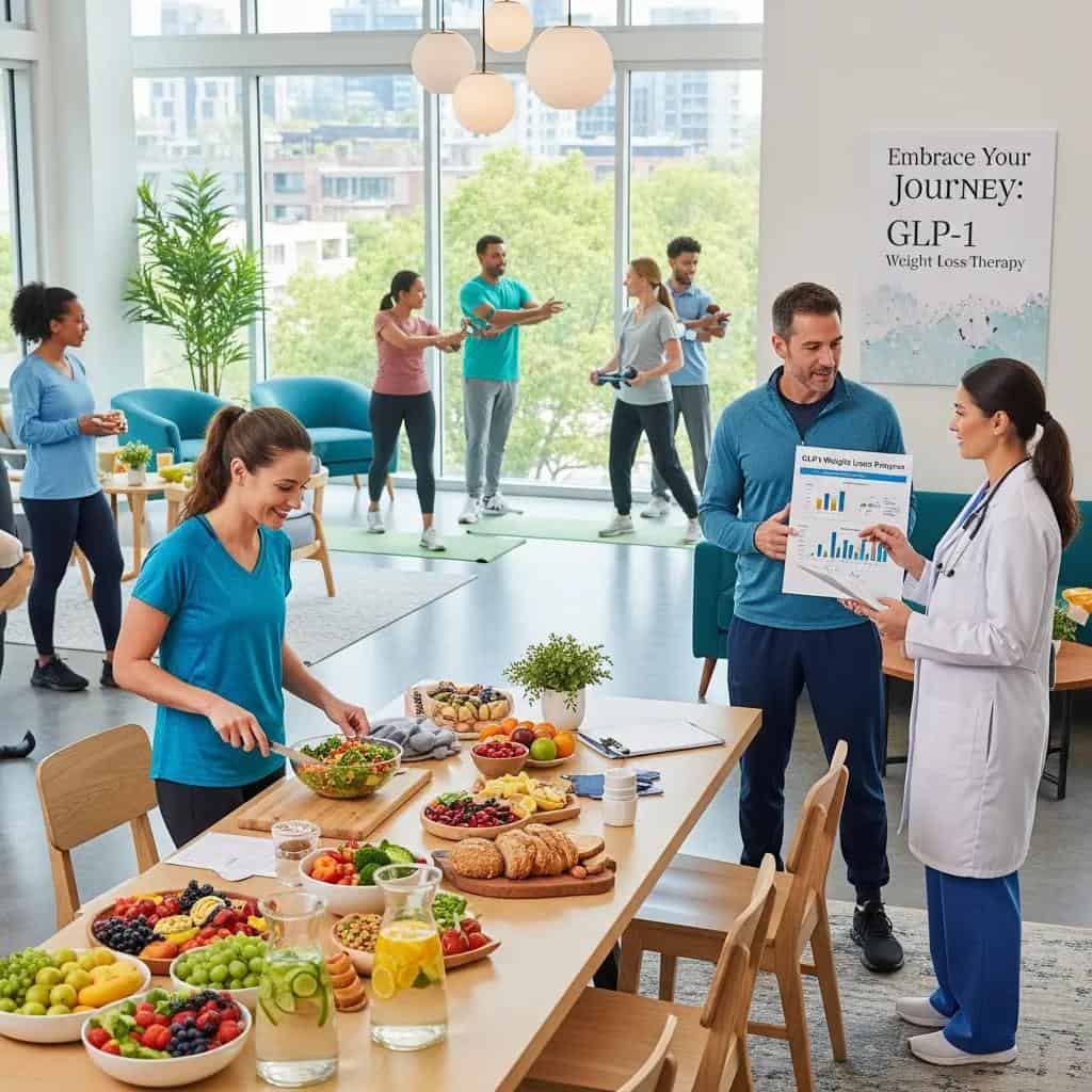 Diverse individuals engaging in a wellness center, highlighting GLP-1 weight loss therapy and healthy lifestyle choices