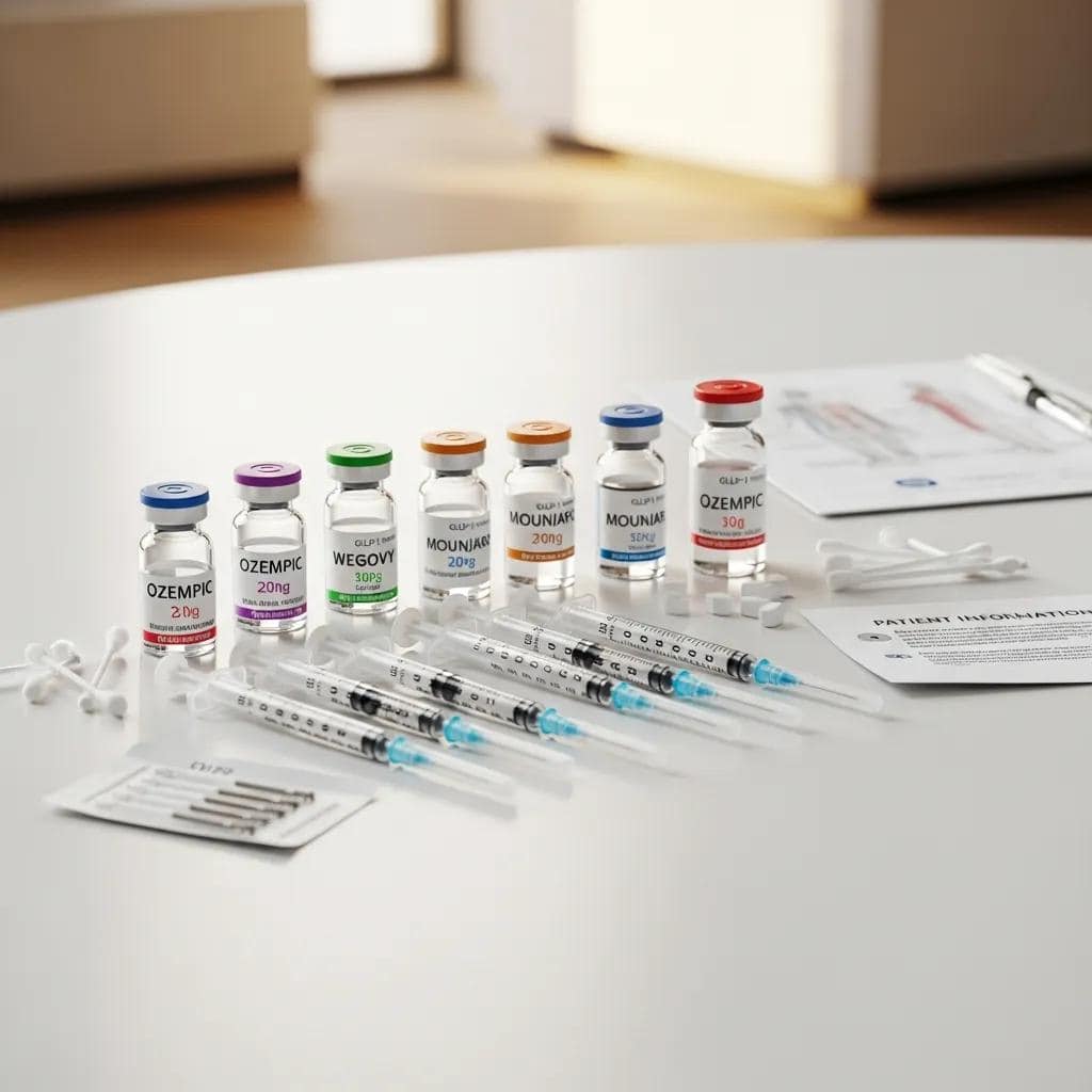 GLP-1 medication vials and syringes displayed in a clinical setting, representing weight loss treatment options