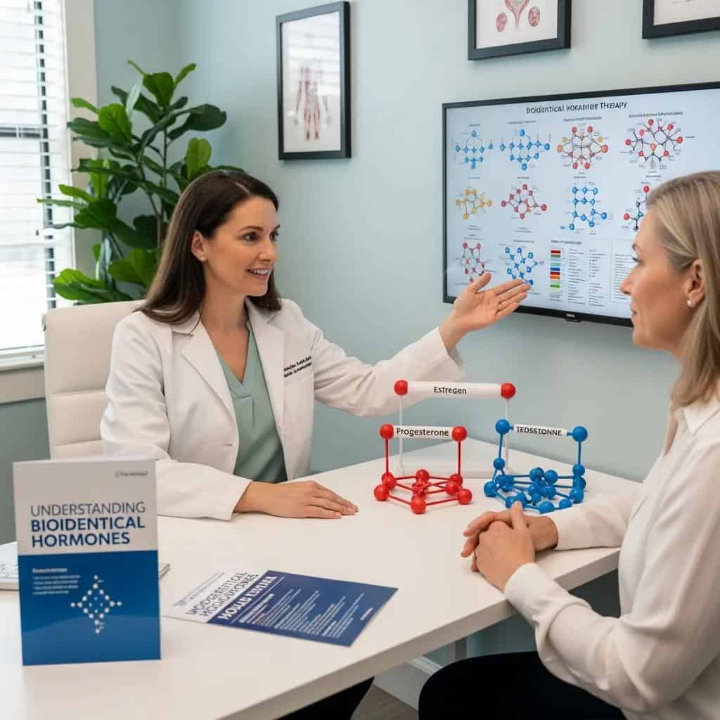 Healthcare professional explaining bioidentical hormone replacement therapy to a patient