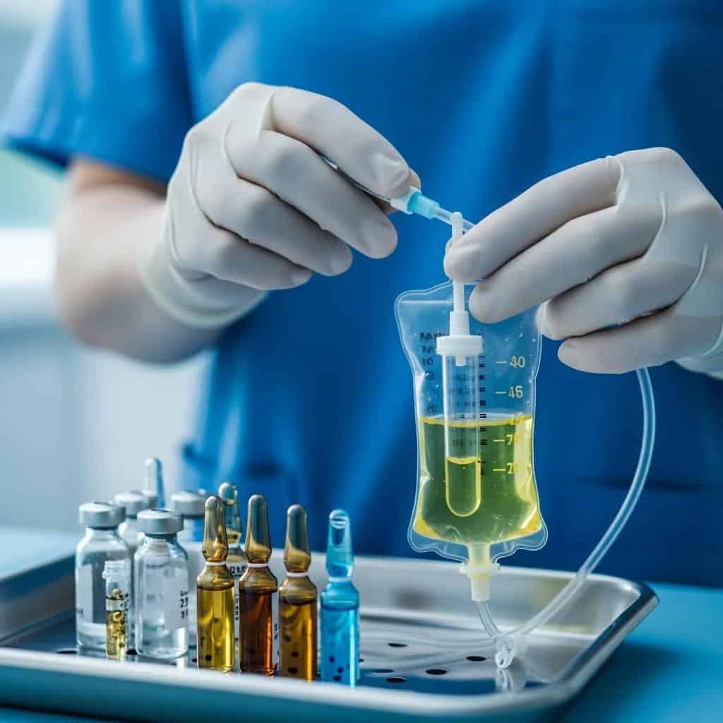 Healthcare professional preparing an IV drip with vitamins and minerals in a sterile environment
