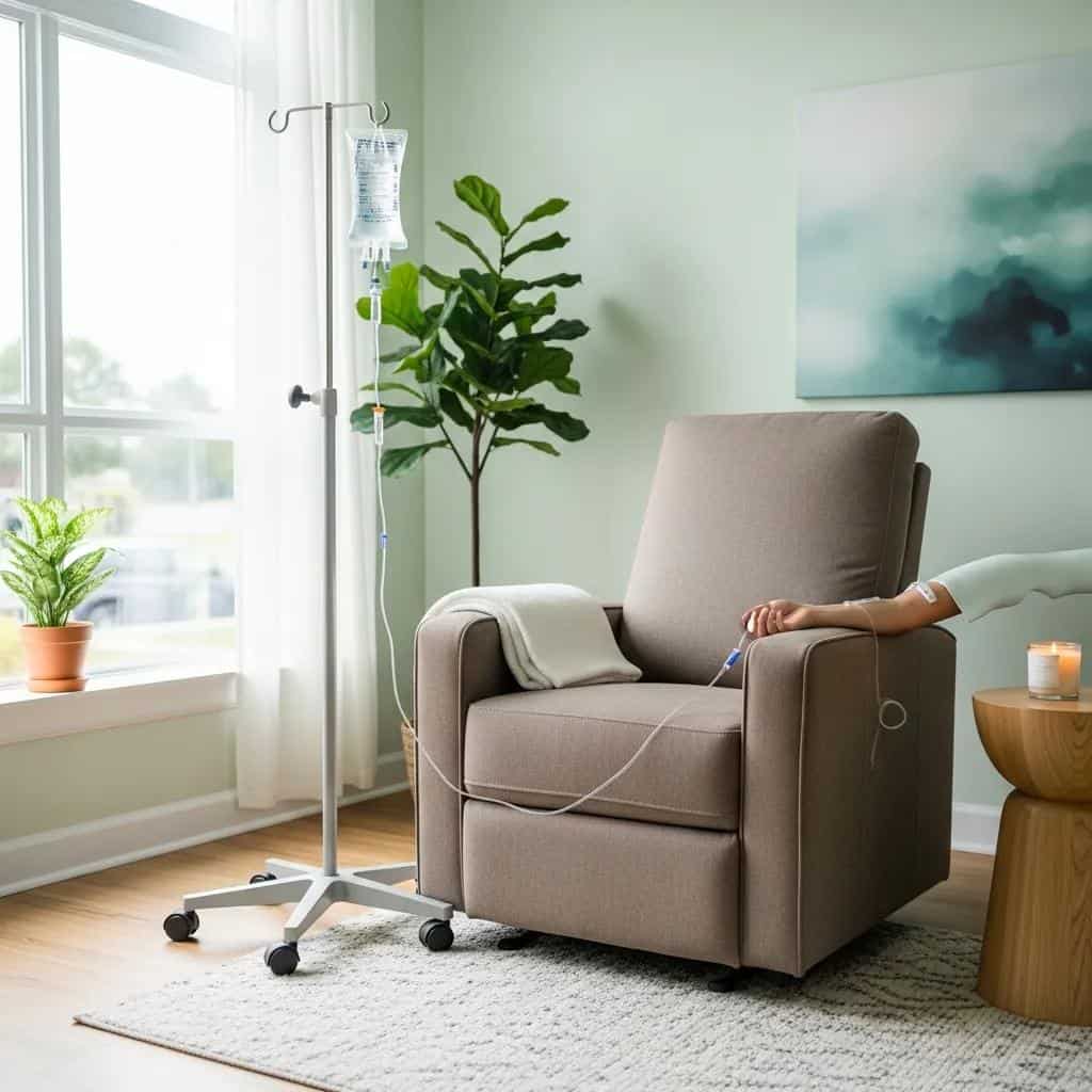 IV infusion therapy setup in a wellness clinic with a comfortable chair and calming decor
