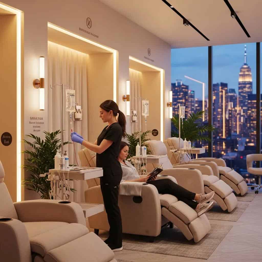 Luxurious IV therapy studio in NYC with comfortable chairs and a clinician preparing an IV drip