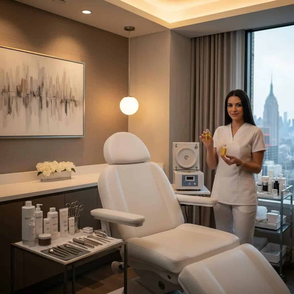 Luxurious wellness sanctuary in NYC with an aesthetician preparing for PRP therapy, highlighting skin rejuvenation