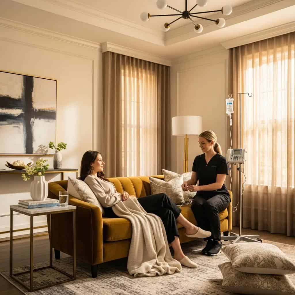Luxury at-home IV therapy session with a nurse and client in a stylish living room