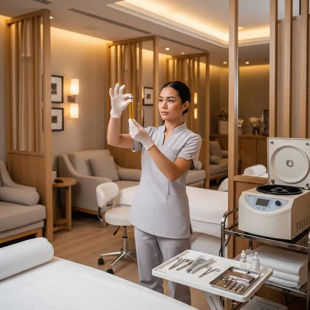 Luxury wellness clinic setting for PRP therapy with an aesthetician preparing treatment