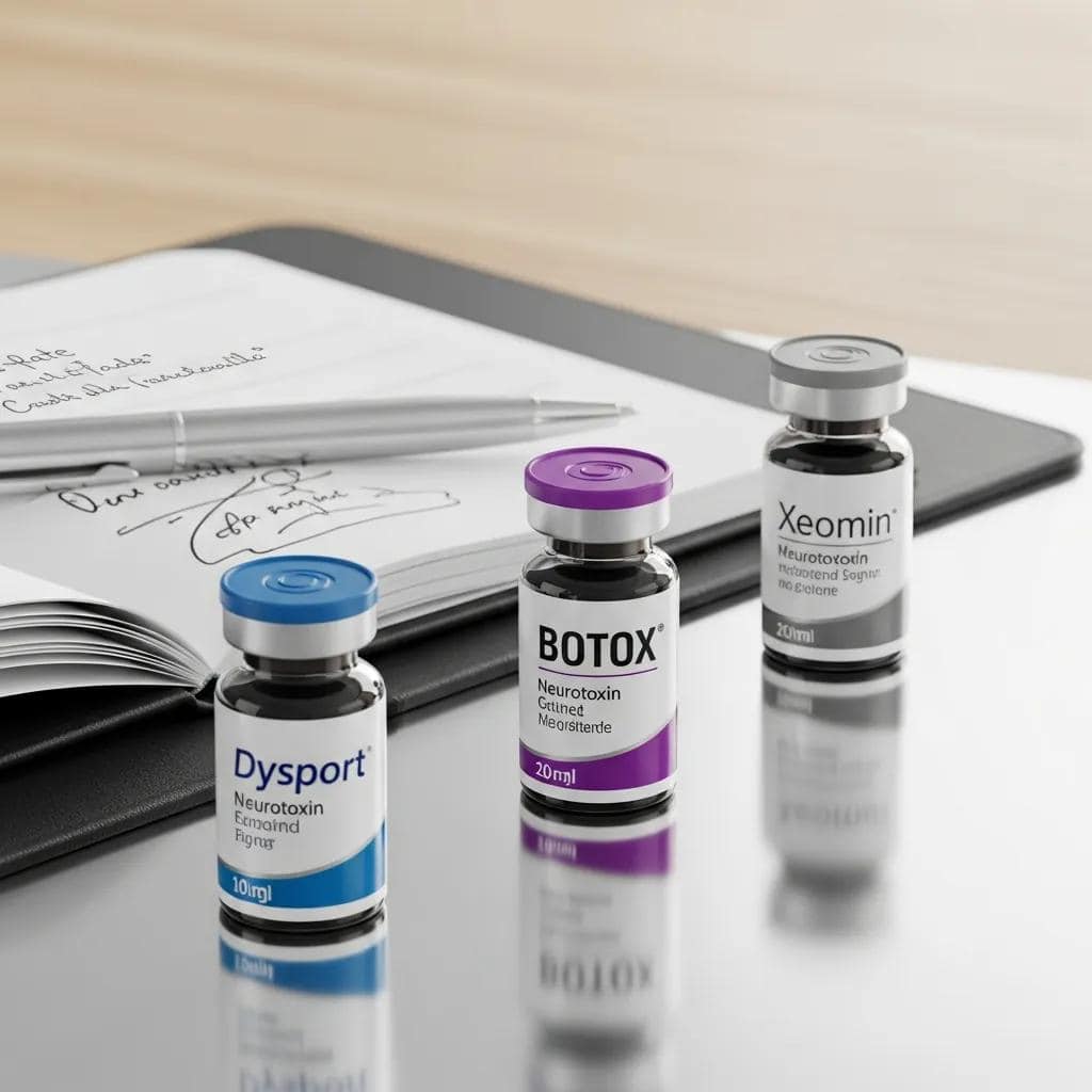 Three neurotoxin vials: Botox, Dysport, and Xeomin, arranged to illustrate their differences in an aesthetic consultation setting