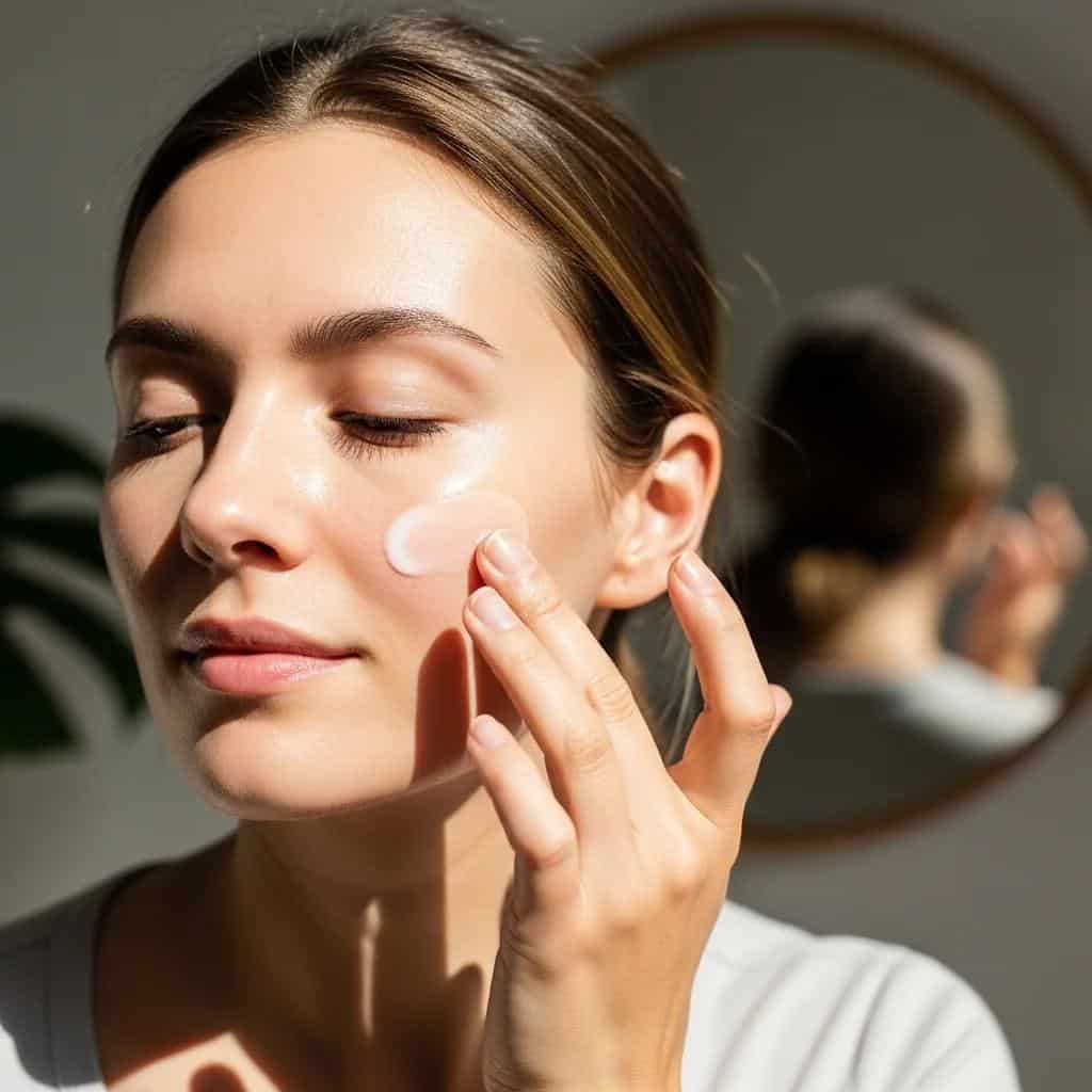 Woman applying peptide-infused skincare product, showcasing benefits for skin rejuvenation