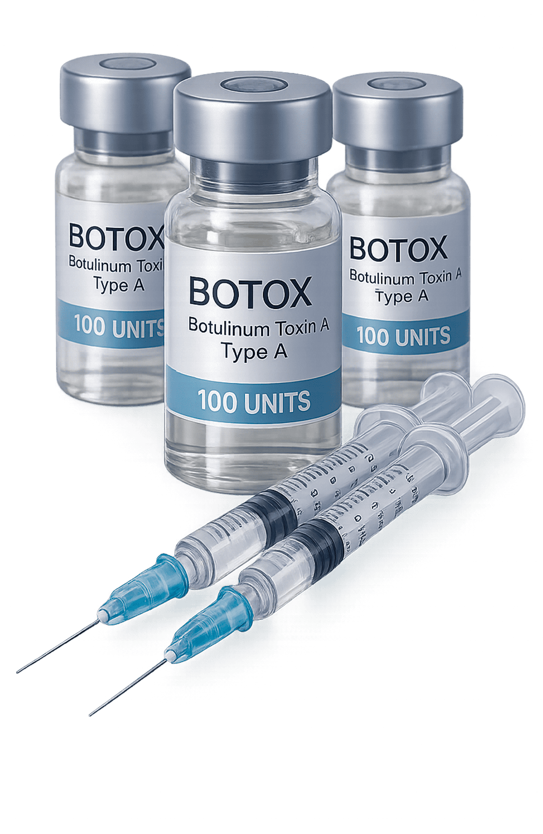 Sterile Botox bottles and syringes for cosmetic and medical treatments.