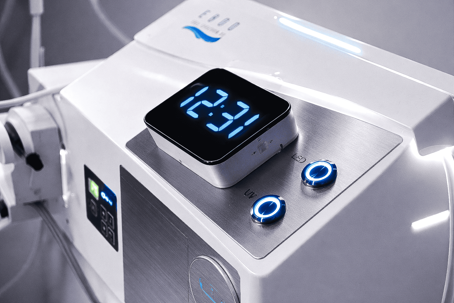 High-tech cryotherapy device with digital timer and LED controls for cold therapy sessions.