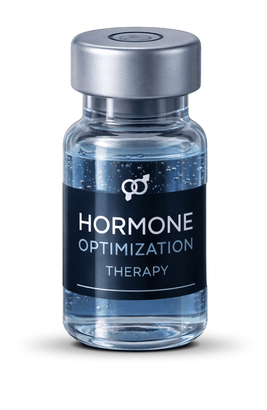 Clean glass vial labeled "Hormone Optimization Therapy" on a dark background.