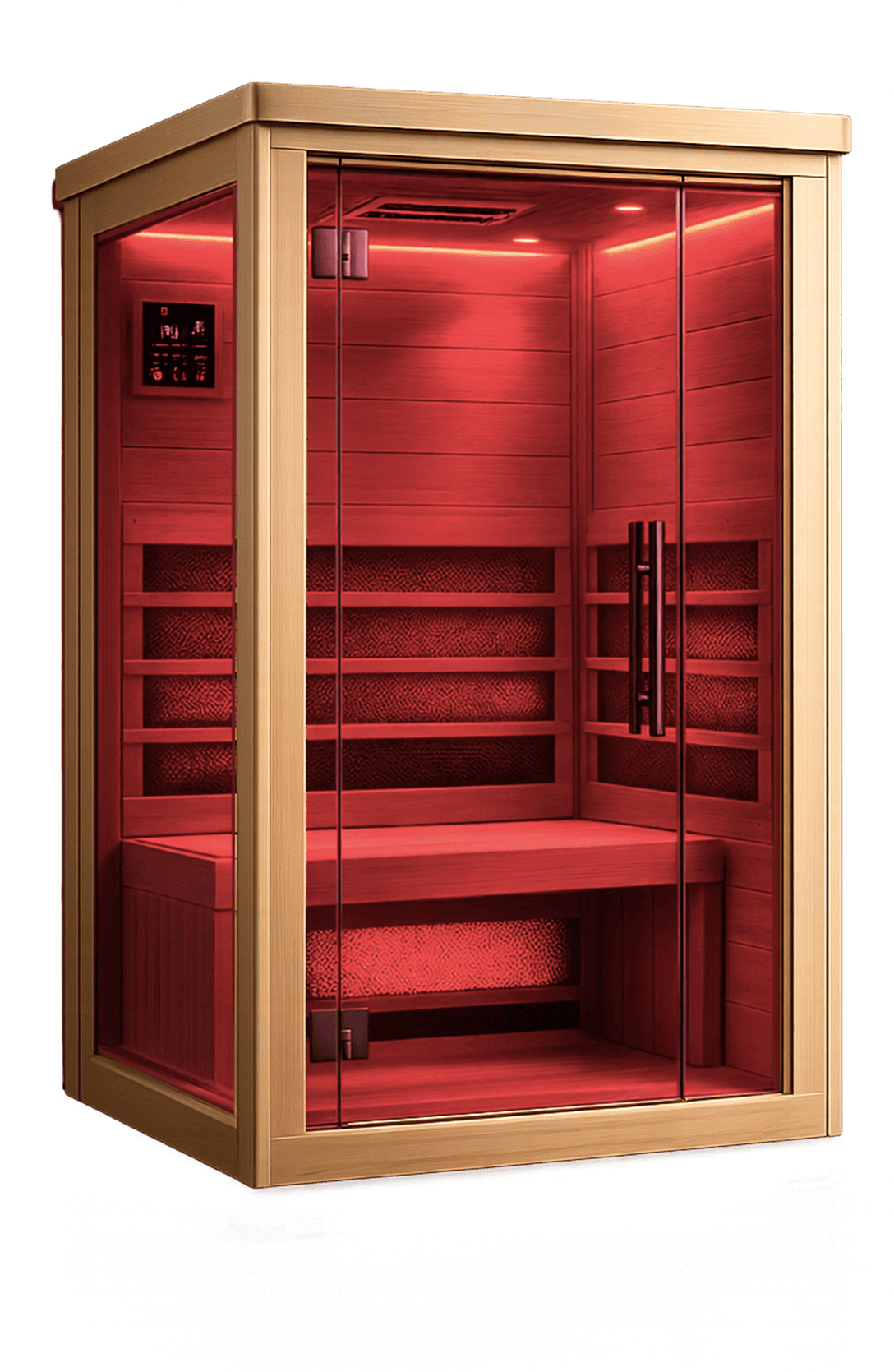 Infrared sauna cabin interior illuminated for detox, relaxation, and health benefits. Ideal for home wellness routines.