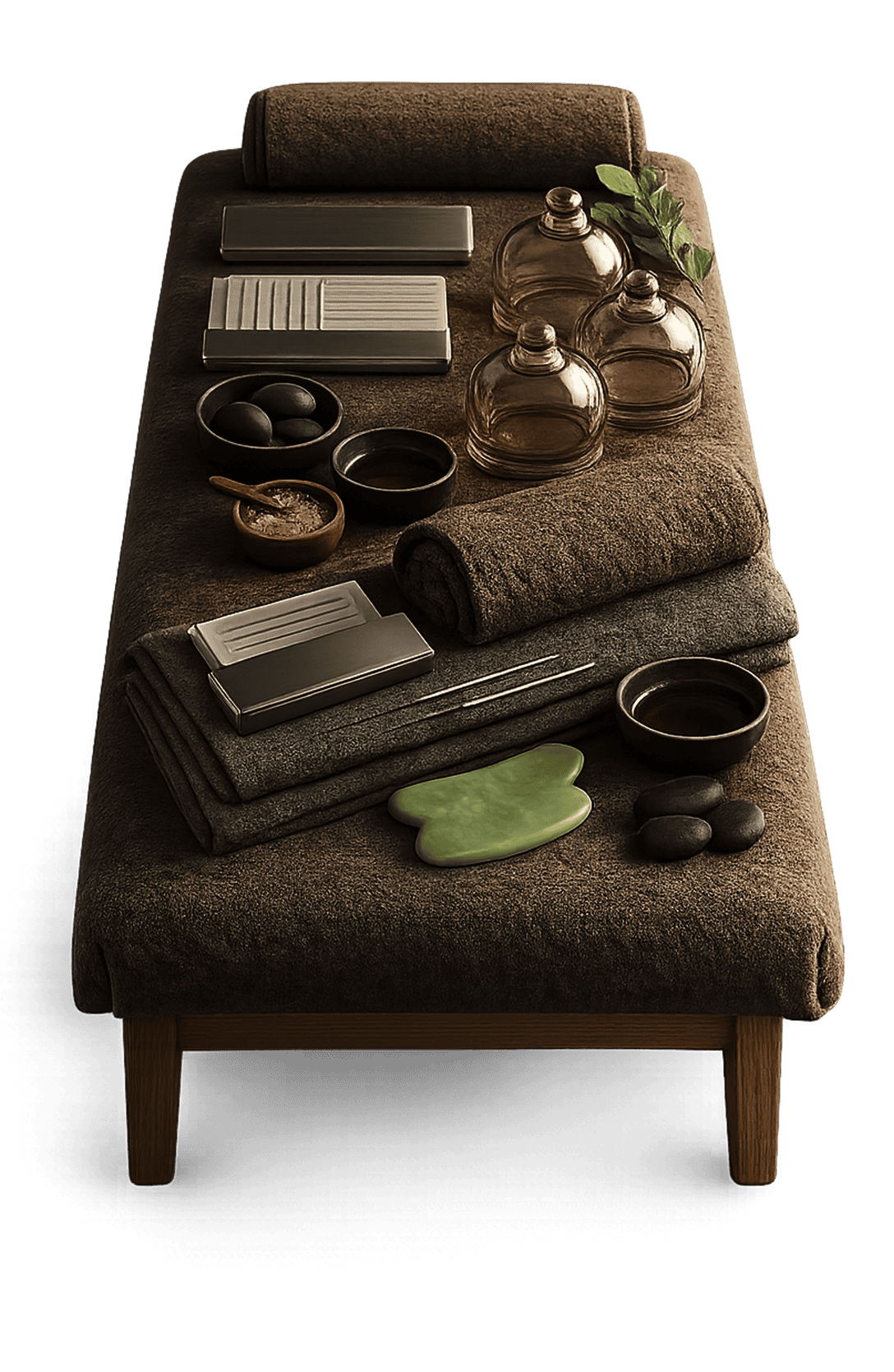 A soothing massage setup with stones, oils, and wellness accessories for relaxation and therapy.